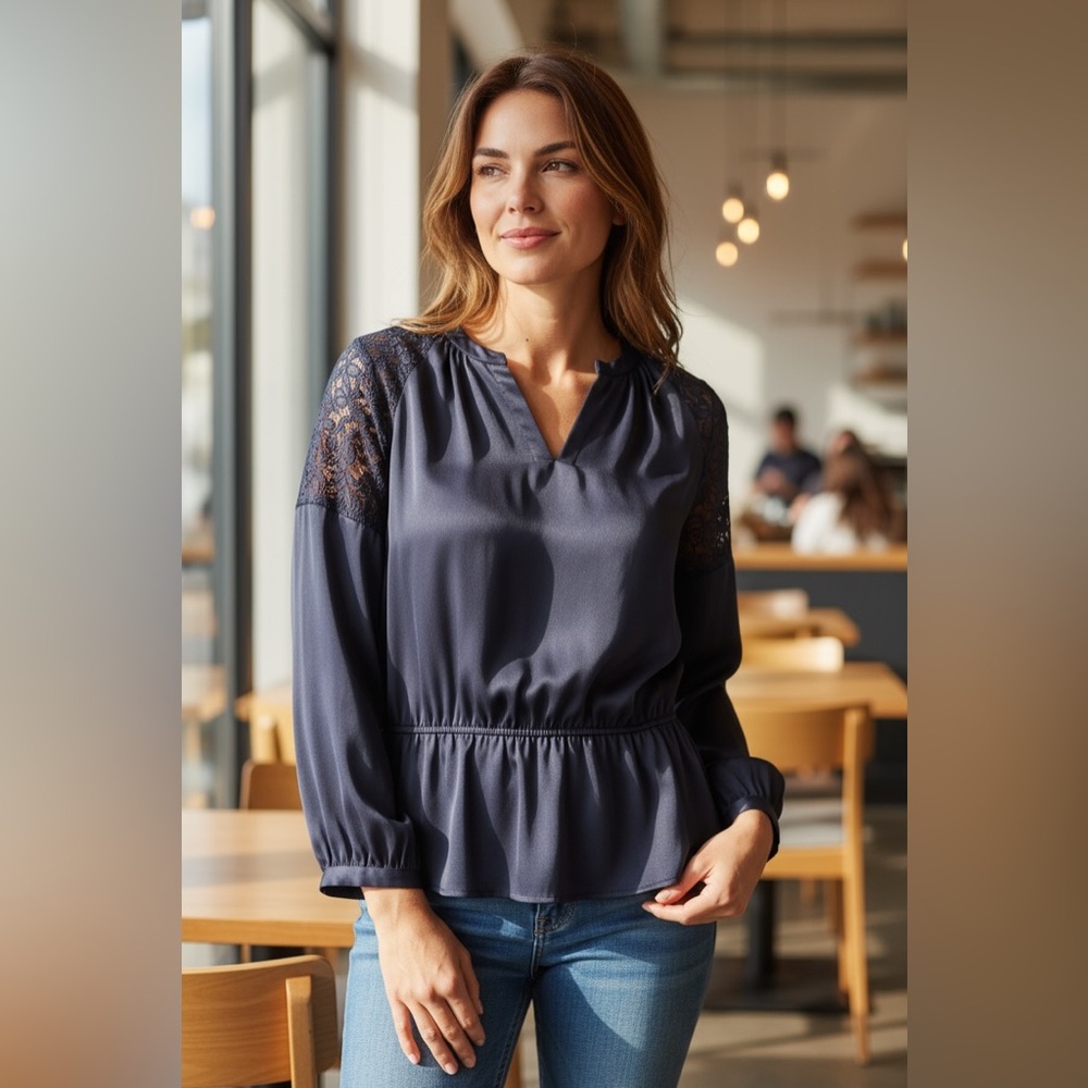 NWOT-midnight blue blouse with lace